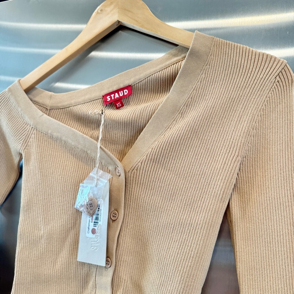 NWT Staud Craftsman Sweater Camel Tan Beige Off Shoulder camel Carmel button up - Picture 13 of 15